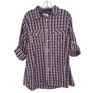 PD&C Athletic Apparel Plaid Shirt Mens Size L Roll Up Sleeves Red White Blue